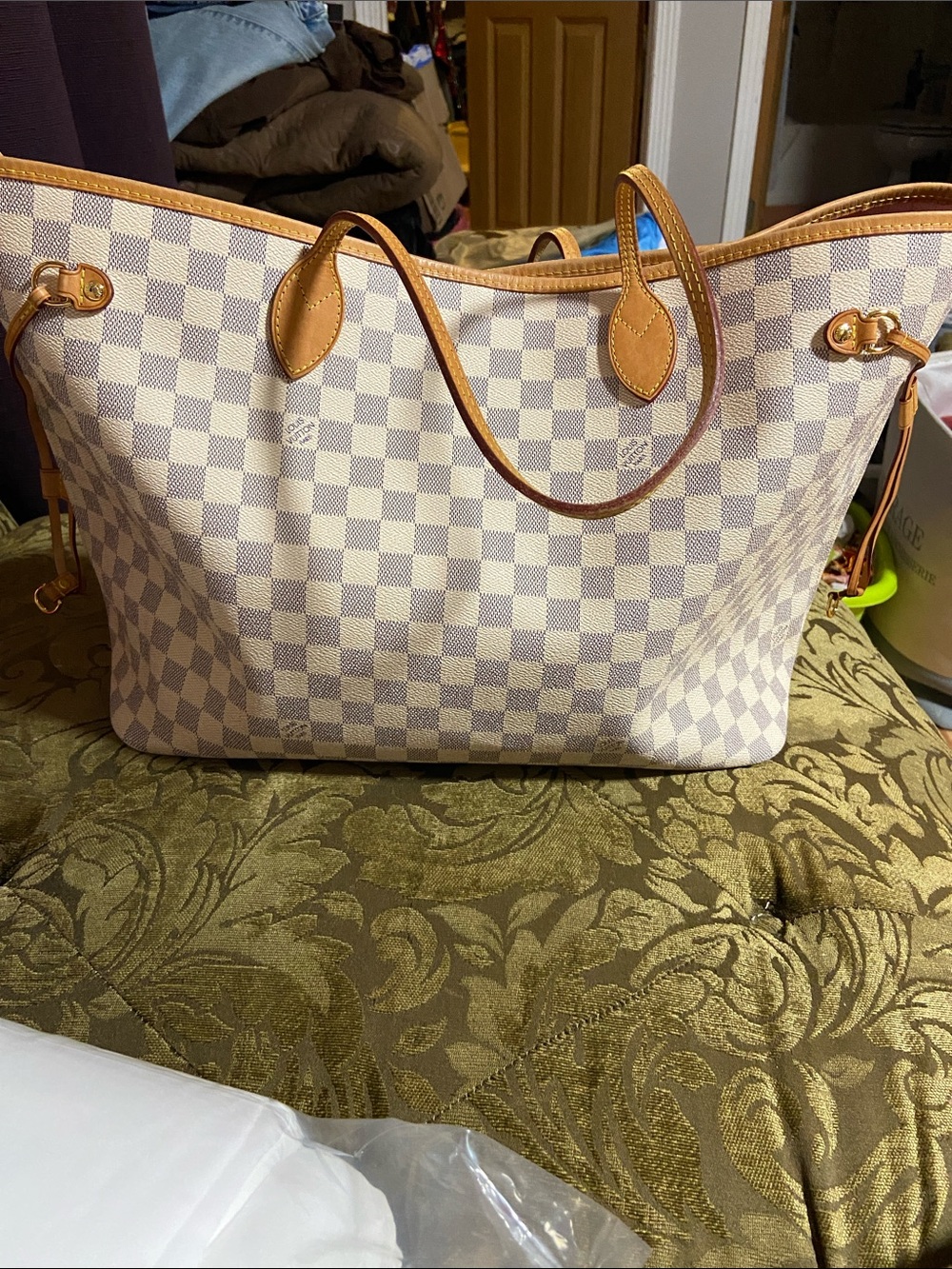 Source Unknown Cream and Tan Checked Canvas Tote